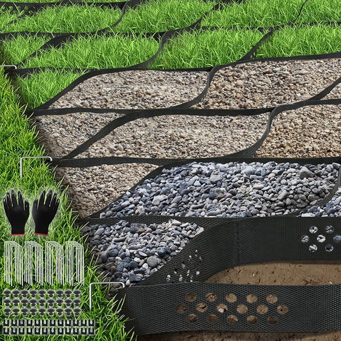 3" Thick Gravel Grid 9ft X 34ft, Gravel Stabilizer Grid for Pavers Base, Geogrid 1900 Lbs/Sq Ft Load with 85 Geocell Accessories & Gloves for Driveway Parking Ground Walkway Dirt Locker Slope