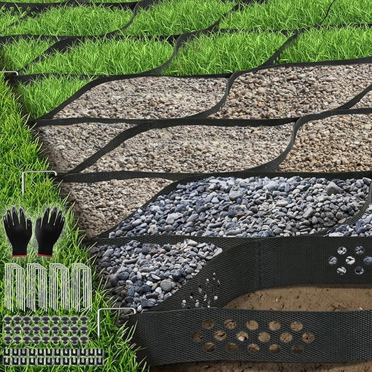 3" Thick Gravel Grid 9ft X 34ft, Gravel Stabilizer Grid for Pavers Base, Geogrid 1900 Lbs/Sq Ft Load with 85 Geocell Accessories & Gloves for Driveway Parking Ground Walkway Dirt Locker Slope