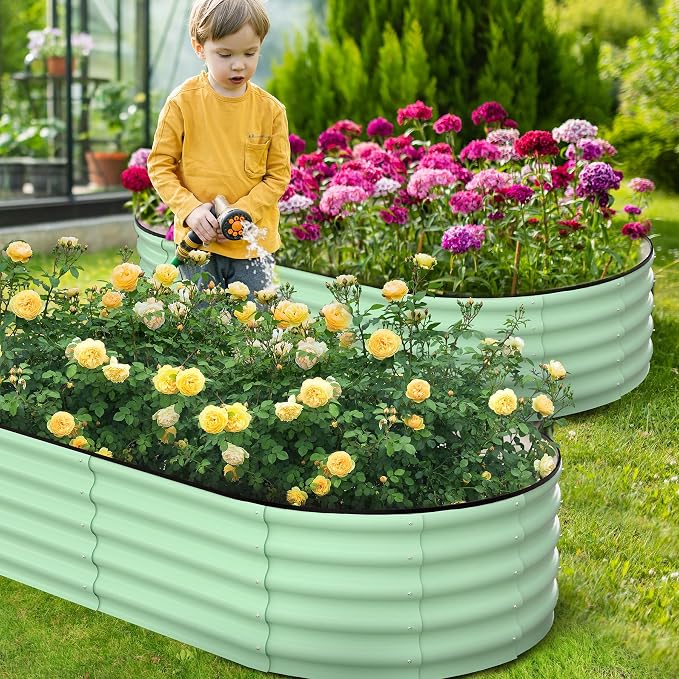GarveeLife 2 Pcs 6x3x1 ft Oval Raised Garden Bed, Galvanized Raised Beds,Open-Ended Base Metal Raised Planter Beds,Garden Bed Outdoor,Planter Raised Boxes for Vegetables, Flowers,Tool-Free Asse,Green