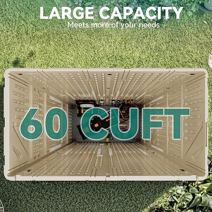YITAHOME 60 cuft Vertical Outdoor Storage Shed with Shelf, Large Waterproof Storage Cabinet for Garden Shed, Tall Outdoor Storage Shed for Garage, Pool Storage, Resin, Lockable, Khaki & Brown
