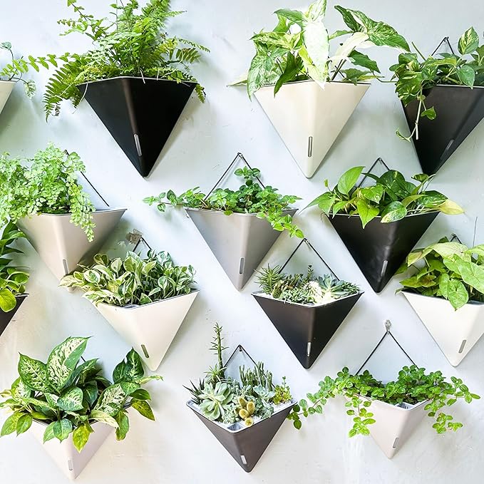 LaLaGreen Wall Planters for Indoor Plants - 2 Pack, 12 Inch Large Self Watering Black Geometric Hanging Flower Vase Vessel with Metal Hanger, Modern Stylish Wall Mounted Succulent Pot Holder Decor
