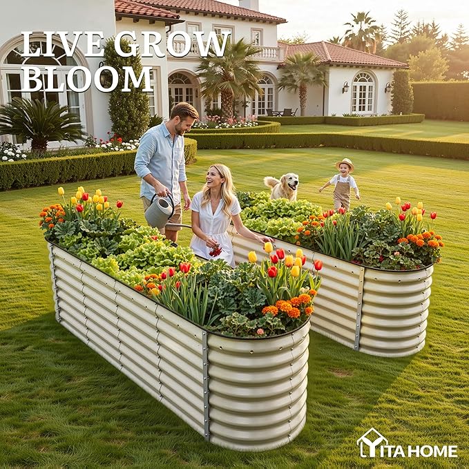 YITAHOME 8x2x2ft Raised Garden Bed Kit, 24" Tall 9 in 1 Large Galvanized Metal Planter Box with Gloves, Safety Rubber & Support Rod, Outdoor Flower Bed for Plants Vegetables Flowers, White
