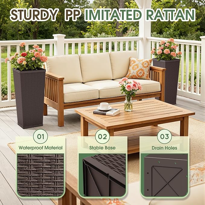 30 Inch Tall Plastic Planters(Set of 2), Detachable Inner Pot & Drainage Holes, Outdoor Decorative Flower Pots for Large Plants, Trees, Patio, and Garden, Brown