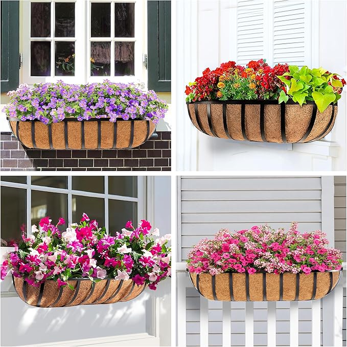 30 Inch 4 PCS Window Box Deck Railing Planter with Coco Liners, Hanging Flower Planters Black Metal Baskets for Indoor Outdoor, Balcony, Porch, Fence, Lawn and Patio