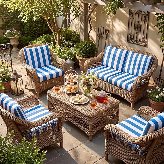 Newwiee 12 Pcs Patio Stretch Outdoor Cushion Covers Sofa Couch Cover Replacement Couch Slipcover Sofa Seat Chair Porch Patio Furniture Protector, Flexibility Washable (Blue White,Stripes)