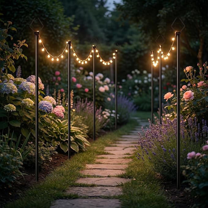 10FT Outdoor String Light Poles 2 Pack, Metal Light Stands with Fence Brackets for Hanging Lights, Patio, Pergola, Garden, Backyard, Yard & Camping Use