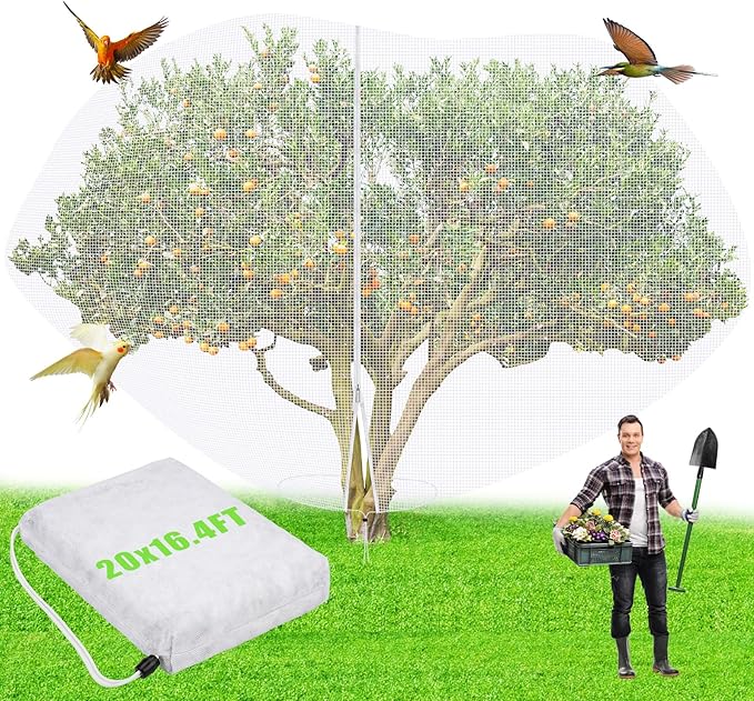 20 x 16.4 ft Large Fruit Tree Netting for Protecting Fruit from Squirrels Birds Bug Deer & Rat Garden Mesh Netting with Zipper and Drawstring for Blueberry Peach Apple Garden Bushes