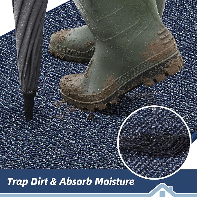 BEQHAUSE Dirt Trapper Door Mat 17" x 30" Half Circle Non Slip Washable Doormats Entrance Rugs Absorbent Welcome Low Profile Floor Mats for Front Back Door and Entryway, Blue