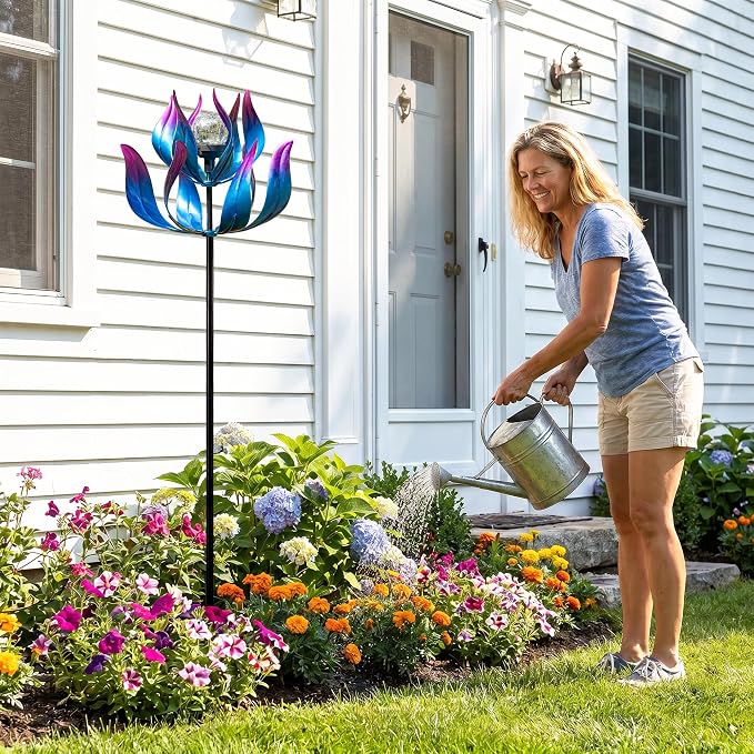 61'' Solar Wind Spinners for Yard and Garden - Large Metal Kinetic with Solar Powered LED Crackle Glass Globe, Vibrant Blue & Purple Gradient Lotus Flower Yard Art for Outdoor, Patio, Lawn Decor
