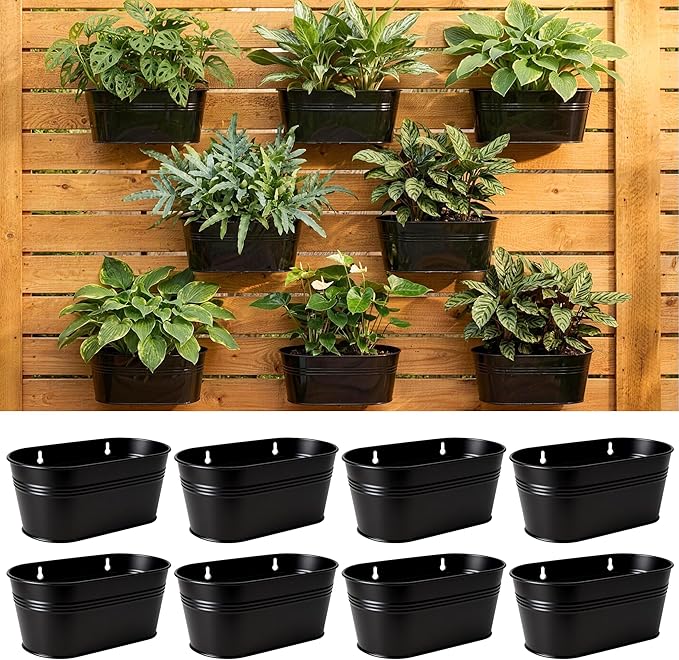 LaLaGreen Wall Planter (11.8 Inch, 8 Pack) Black Oval Metal Hanging Decor Plant Holder Indoor Wall Planters for Indoor Plants Porch Plants Balcony Decoration Mounted Window Planters Pots Pot Baskets