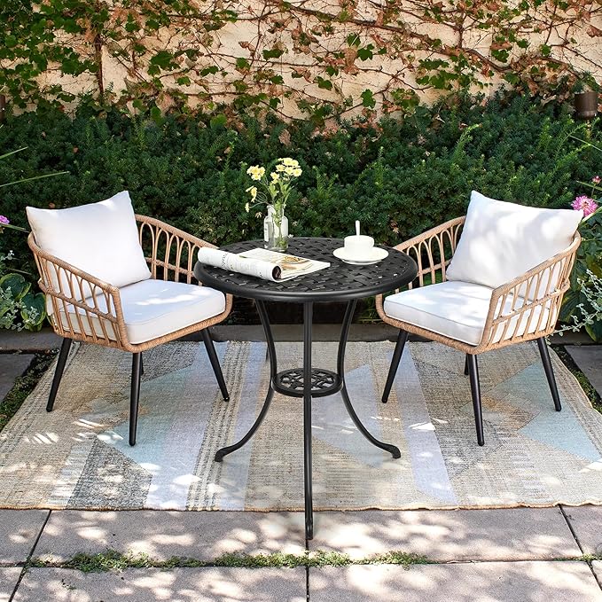 GarveeHome Patio Bistro Table, 24" Round Outdoor Coffee Table with 2" Umbrella Hole, Outdoor Cast Aluminum Bistro Table Side Table with Iron Frame for Balcony Backyard Lawn and Garden, Classic Black