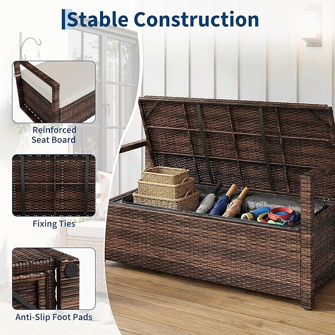 75 Gallon Outdoor Storage Bench, All-Weather PE Rattan Deck Box with Seat, Wicker Patio Furniture for Cushions, Garden Tools, Pool Accessories, Water-Resistant and Durable (Brown White)