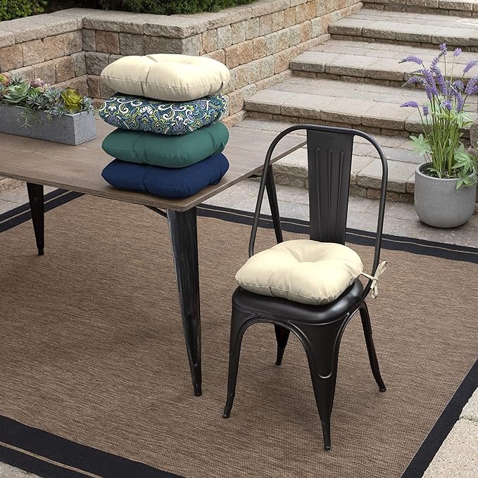 Arden Outdoor Tufted Bistro Seat Cushion, Set of 4, 14.5 in x 15 in, Rain-Proof, Fade Resistant Tan Leala