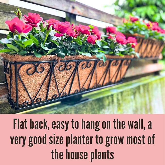 LaLaGreen Wall Hanging Planter - 4 Pack, 24 Inch Large Black Window Flower Basket Boxes Outdoor Attach House, Rectangular Deck Railing Hanging Pot with Coco Liner Over Rail Fence Balcony Patio Porch