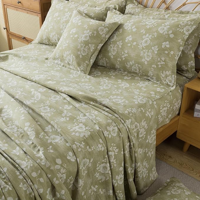 FADFAY Sage Green Sheets Set Queen 100% Cotton Washed Double Gauze Muslin Bedding 4Pcs Vintage Rose Floral Sheets Shabby Cottagecore Bedding Soft & Breathable Deep Pocket Fitted Sheet, Queen Size