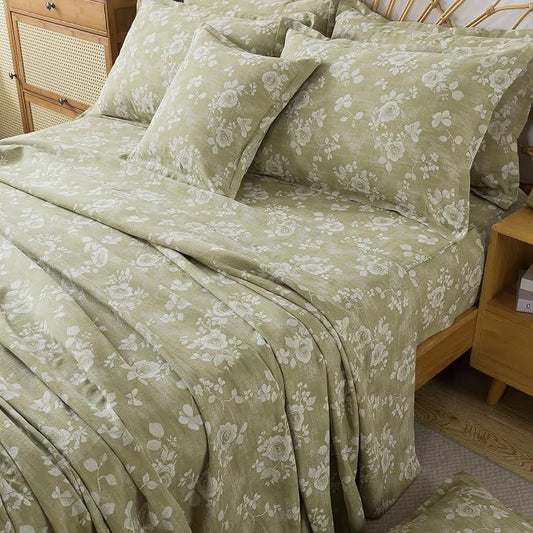 FADFAY Sage Green Sheets Set Queen 100% Cotton Washed Double Gauze Muslin Bedding 4Pcs Vintage Rose Floral Sheets Shabby Cottagecore Bedding Soft & Breathable Deep Pocket Fitted Sheet, Queen Size