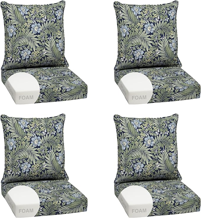 Arden Outdoor Foam Deep Seat Cushion Set (4-Pack), 24x24, Premium High-Density Foam, Never Flattens, Weather-Proof for Patio Chair Sofa Couch, Sapphire Morrison Floral