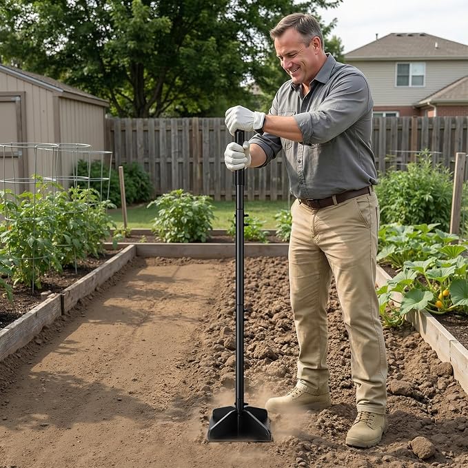 Heavy Duty Steel Tamper, 48" Handle Tamper with Comfortable Rubber Grip, 10×10" Garden Tamper Tool for Soil, Gravel, Asphalt & Lawn