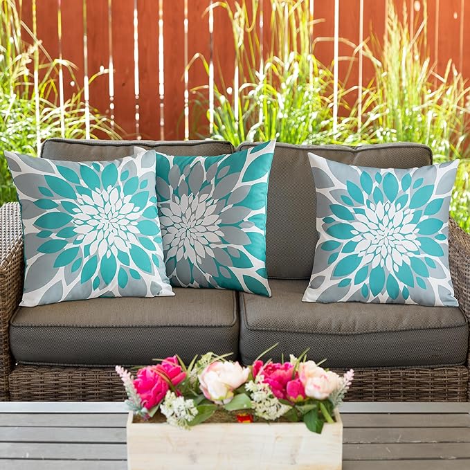 Qahing Pack of 4 Outdoor Waterproof Pillow Covers 16x16 Decorative Outdoor Throw Pillows Garden Square Cushion Cases for Patio Furniture, Couch, Tent Sunbrella, Bench, Teal Turquoise Grey