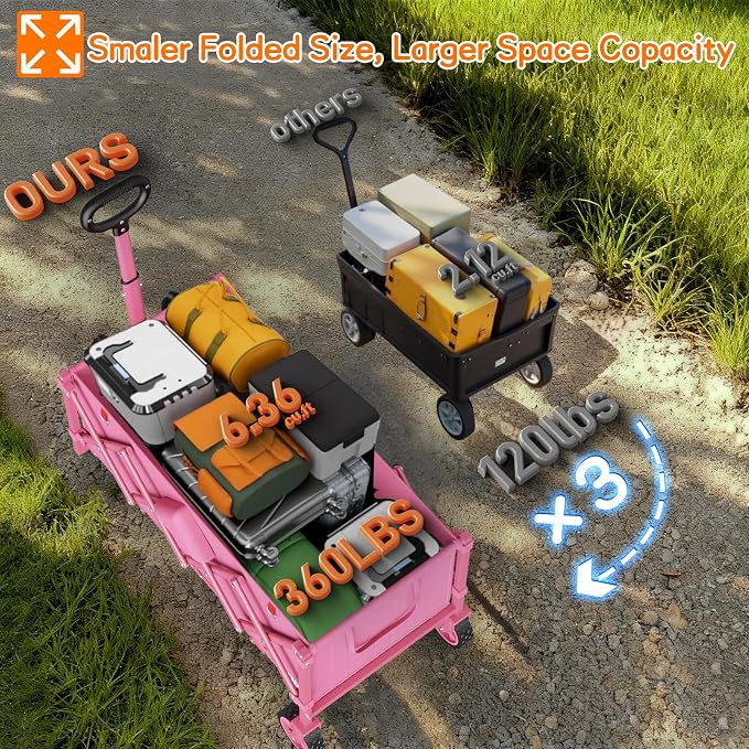 35" L Extra Long Wagons Carts Foldable, 360LBS Heavy Duty Collapsible Wagon with Wheels, Folding Wagon Portable Utility Cart for Groceries, Shopping, Camping, Sports (Pink, 180L)