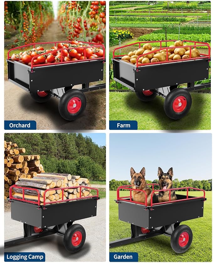 750 LBS Heavy‑Duty Dump Cart, 13.5 Cu.ft Steel Lawn Mower Trailer & Garden Trailer, Quick‑Release Dumping ATV Dump Trailer & Garden Utility Cart for Yard Work, Landscaping, Farm & Lawn Mower Towing