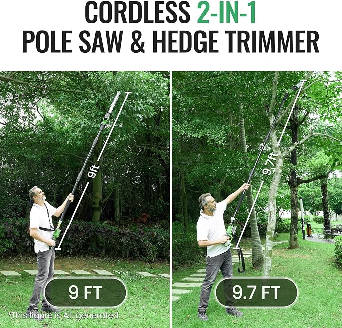 2-in-1 8" Cordless Pole Saw and 19" Pole Hedge Trimmer, Compatible with CURECURE 20V Battery, 9FT/9.37FT, 1500RPM Motor, Auto Oiling, Multi-Angle, Safety Lock, Use for Tree Trimming and Shrubs Pruning