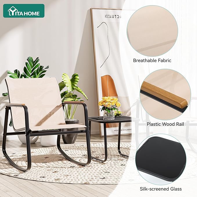 YITAHOME 3 Piece Rocking Bistro Set, Outdoor Patio Furniture Set with Wooden Armrests, Porch Chairs Set with Glass Table for Lawn, Garden, Balcony, Poolside, Beige
