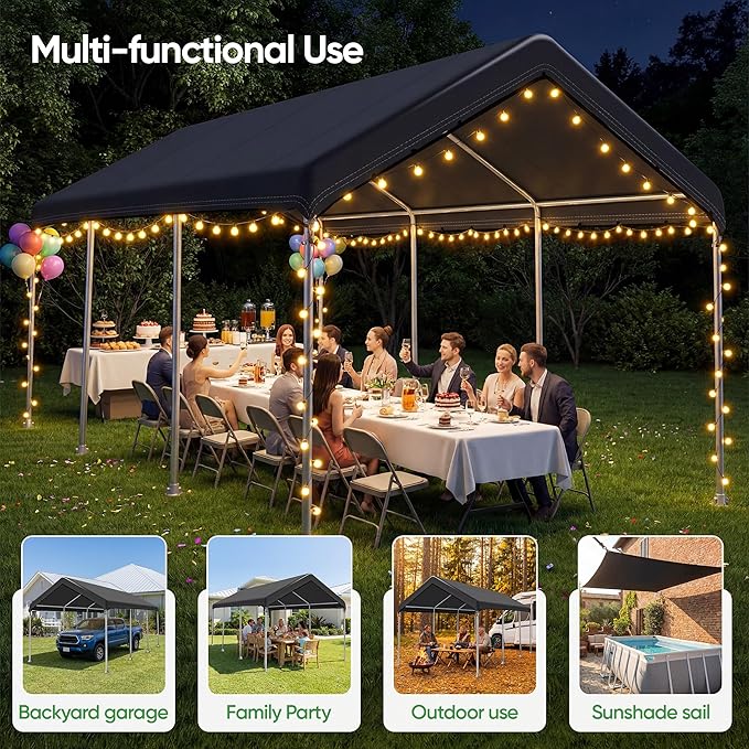 SIHAIAN 10 x 20 Ft Carport Replacement Canopy Cover(No Frame), Easy to Set up Carport Canopy, 500D Heavy-Duty Garage Top Tent Shelter Tarp Waterproof and UV Protected (Only Canopy Cover) Black
