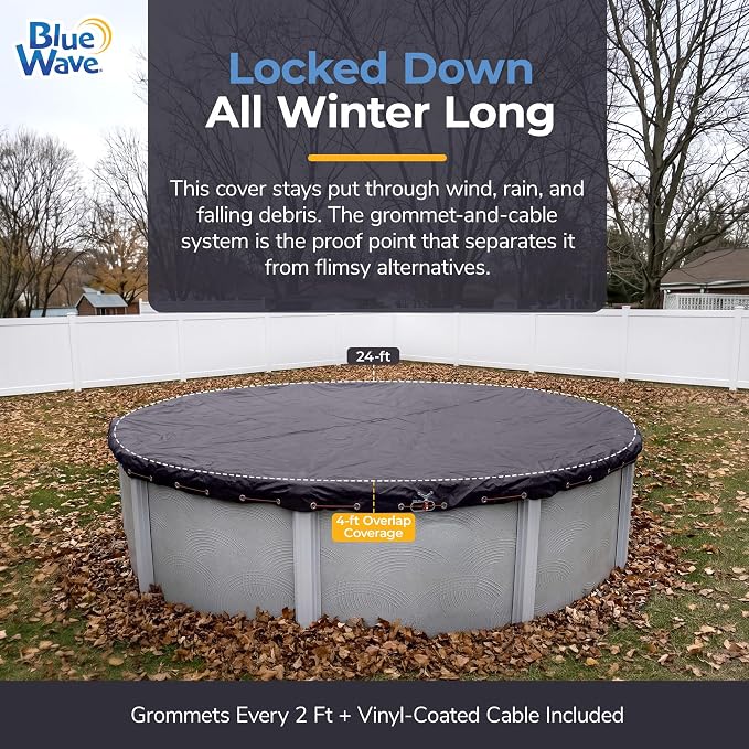 Blue Wave 8-Year 24-ft Round Above Ground Pool Winter Cover | Solid polyethylene, heat-sealed seams, underside, cable, winch, grommets, 4-ft overlap, 8-yr support, blocks debris & snow