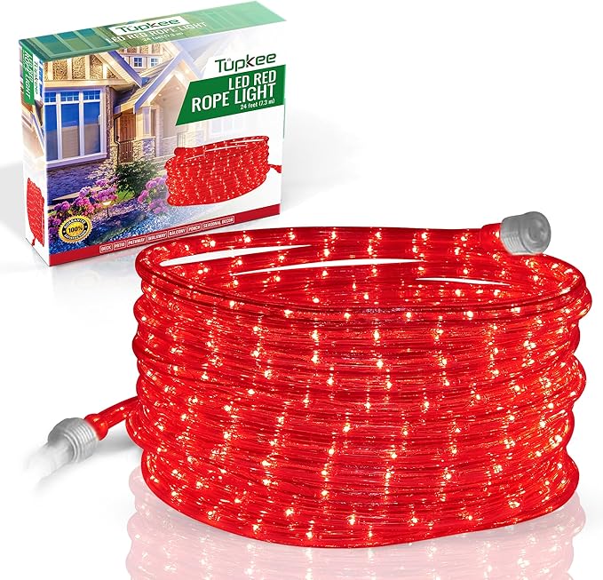 Tupkee LED Rope Light Red - for Indoor and Outdoor use, 24 Feet (7.3 m) - 10MM Diameter - 144 LED Long Life Bulbs Rope Tube Lights