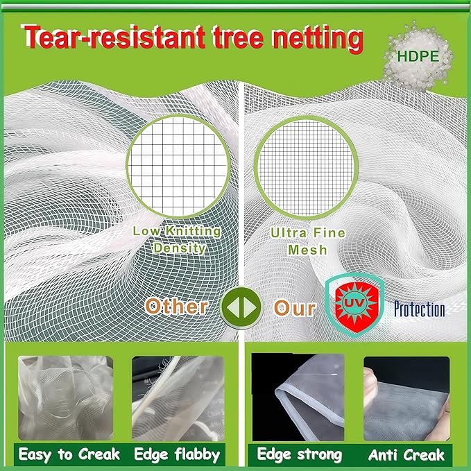 Extra Large Fruit Tree Netting 2 Pack 12×10Ft with Drawstring & Zipper - Reusable Plant Protection Bag, Heavy Duty PE Mesh Cover for Blueberry Bushes - Blocks Birds/Deer/Squirrels