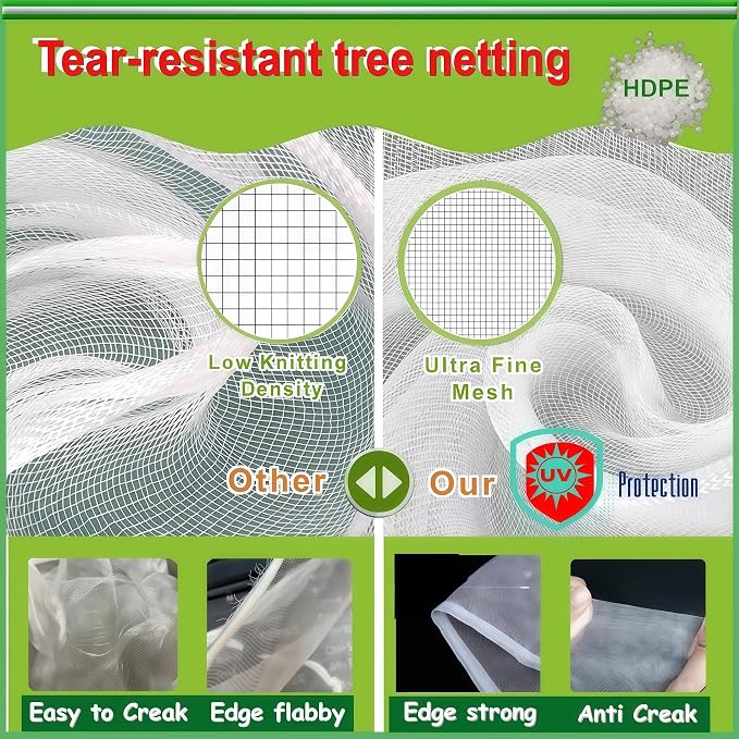Extra Large Fruit Tree Netting 1pack 12.5×12.2Ft with Drawstring & Zipper - Reusable Plant Protection Bag, Heavy Duty PE Mesh Cover for Blueberry Bushes - Blocks Birds/Deer/Squirrels