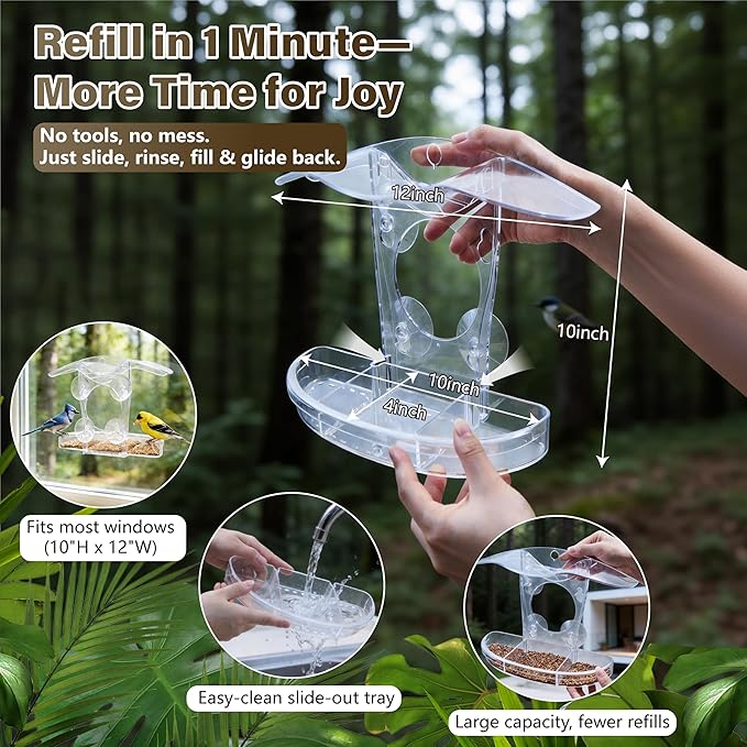 Window Bird Feeder with 5 Acrylic ID Cards - Clear Bird House for Outside with Removable Tray & Drain Holes - 4 Strong Suction Cups, Panoramic View for Wild Birds, Cat TV, Nature Gift