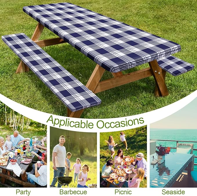 Play Tailor Picnic Table Cover with Bench Covers Camping Essentials Waterproof Windproof Camping Tablecloth with Drawstring Bag, Fitted Rectangle Tables and Seats, 60in, Blue Checkered