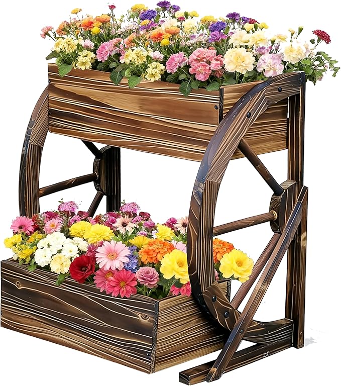 2 Tier Medium Wooden Wagon Planter Box|Outdoor Planter/Flower Pot for Indoor&Outdoor Plants-Rustic Garden Planter for Patio,Porch&Garden Decor-Raised Garden Bed for Succulents,Herbs,Vegetables