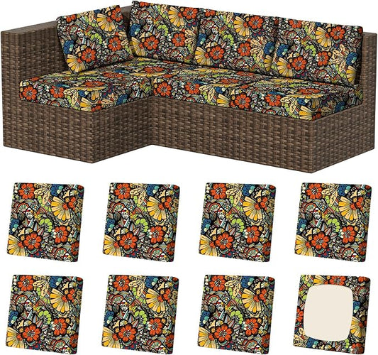 8Pcs Stretch Patio Cushion Covers, Outdoor Couch & Sofa Replacement Slipcovers for Patio Furniture Cushion Covers, Washable Reusable Furniture Protector