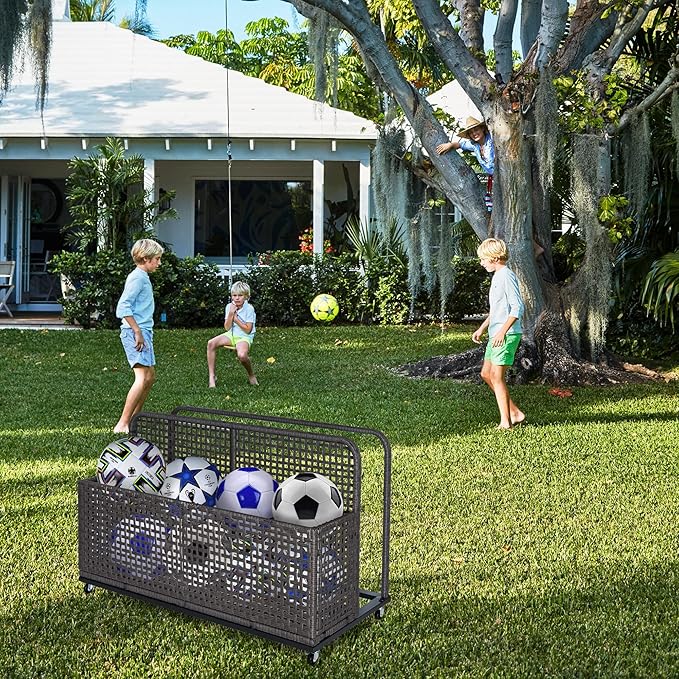Rolling PE Rattan Pool Float Storage Bin with Wheels – 43" Outdoor Wicker Caddy with Compartment & Basket for Towels, Toys, Patio Accessories – Grey