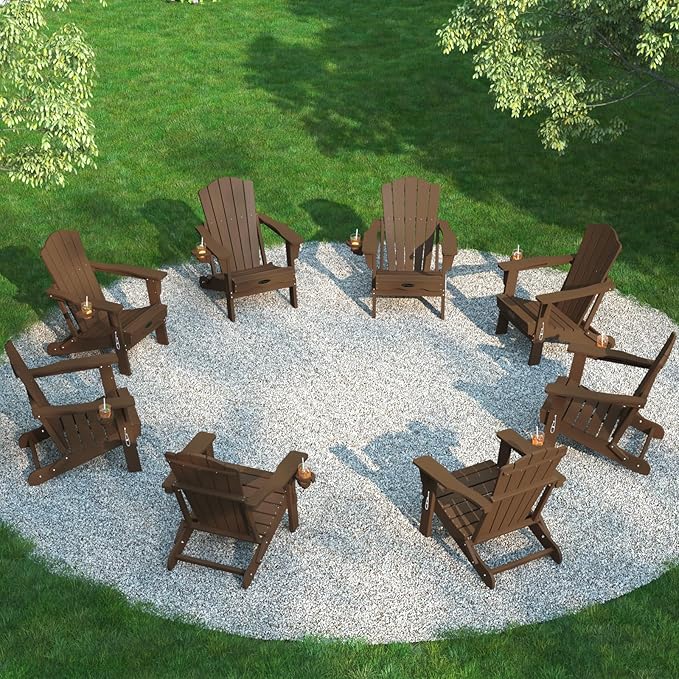 THOEOE Folding Adirondack Chair Set of 8, HDPE All-Weather Outdoor Chair with Cup Holder, Wooden Textured, Fire Pit Chair, Plastic Patio Chair for Deck, Backyard, Garden, Lawn, Brown