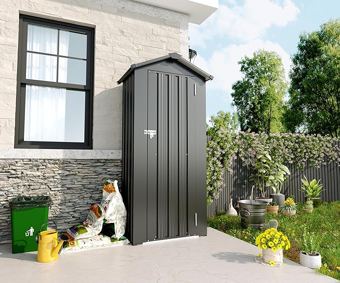 KEIKI Outdoor Storage Shed, 69.7''x16.9''x29.5'' Metal Tool Shed with Sloping Roof & Lockable Door, Small Shed, Top Tall Vertical Tool Cabinet for Backyard Garden Patio Lawn, Black