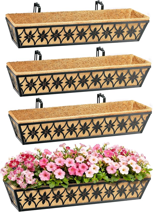 30 Inch Window Boxes Planters Railing Planter Box - 2 Pack Deck Railing Planter Boxes with Adjustable Brackets Coco Liners Balcony Planters Railing Hanging for Window Flower Boxes Outdoor Garden Decor