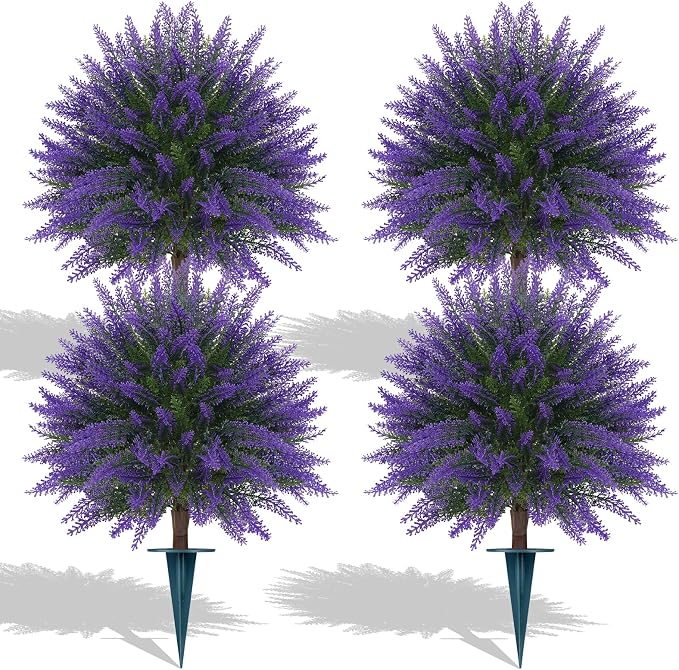 Grooy Artificial Lavender Topiary Ball, Set of 4 Artificial Boxwood Shrub Bushes with Ground Spike, Fake Evergreen Tree for Porch, Artificial Plants for Outdoor Planters Indoor UV Resistant