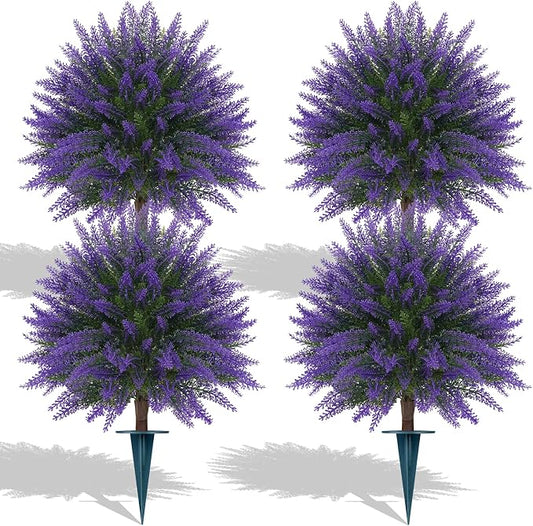 Grooy Artificial Lavender Topiary Ball, Set of 4 Artificial Boxwood Shrub Bushes with Ground Spike, Fake Evergreen Tree for Porch, Artificial Plants for Outdoor Planters Indoor UV Resistant