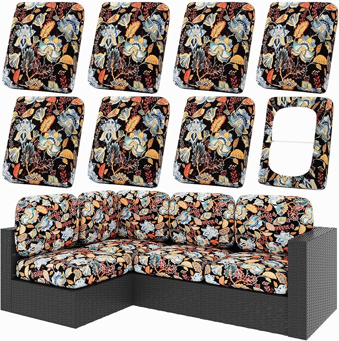 hyha 8Pcs Patio Cushion Covers, Stretch Outdoor Couch Cushion Covers Replacement, Washable Outdoor Chair/Sofa Slipcovers for Patio Furniture Cushions Protector with Elastic Bottom(Floral,Cover Only)