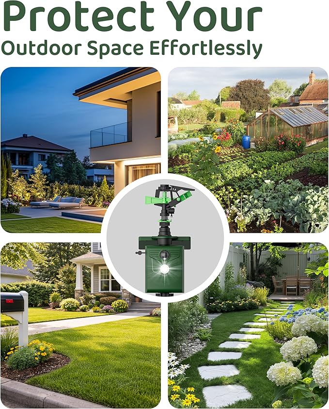 Animal Repellent Motion-Activated Water Sprinkler, Solar Powered Outdoor Animal Deterrent with Flashing Light, IP65 Waterproof for Deer, Cats, Dogs, Raccoons, Garden & Lawn Protection