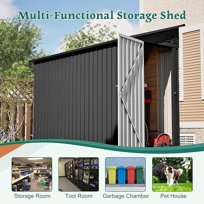 YOPTO 4×8 FT Lean to Metal Shed,Outdoor Heavy-Duty Storage Shed with Floor Base,All Weather Waterproof Garden Tool House W/Lockable Door&2 Air Vent,Reversible Door Design,for Backyard,Patio,Lawn,Black