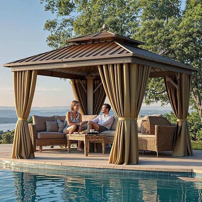 YITAHOME 10x10ft Hardtop Gazebo with Nettings and Curtains, Aluminum Frame Heavy Duty Double Roof Galvanized Steel Outdoor for Patio, Backyard, Deck (Bronze)