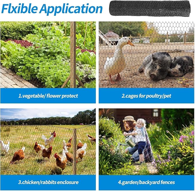 12'' x 100' Black Chicken Wire Mesh Fence, 15 Gauge Poultry Netting and 2 inch Mesh Fence Roll, Chicken Wire for Floral Arrangements/Crafts/Farm/Livestock/Pet Protection