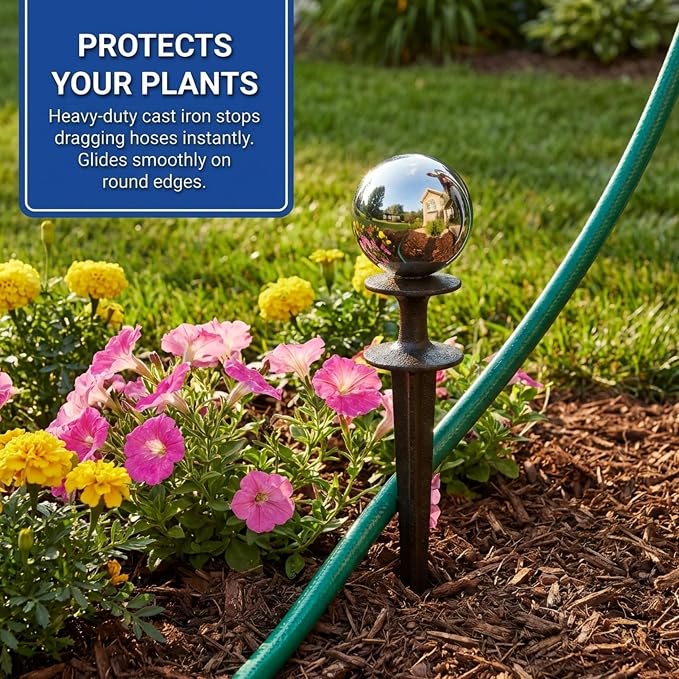 Lulu Decor, Garden Silver Gazing Ball Hose Guide, Set of 2 Strong and Decorative Hose Guide that Protects Your Plants While Providing Elegance to Your Garden