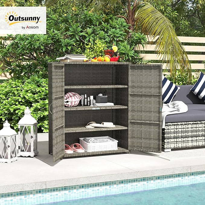Outsunny Wicker Outdoor Storage Cabinet with Shelves, 4-Shelf Outdoor Pool Towel Cabinet with Two Doors, Rattan Patio Storage Shelves for Garden, Backyard, Porch, Mixed Gray
