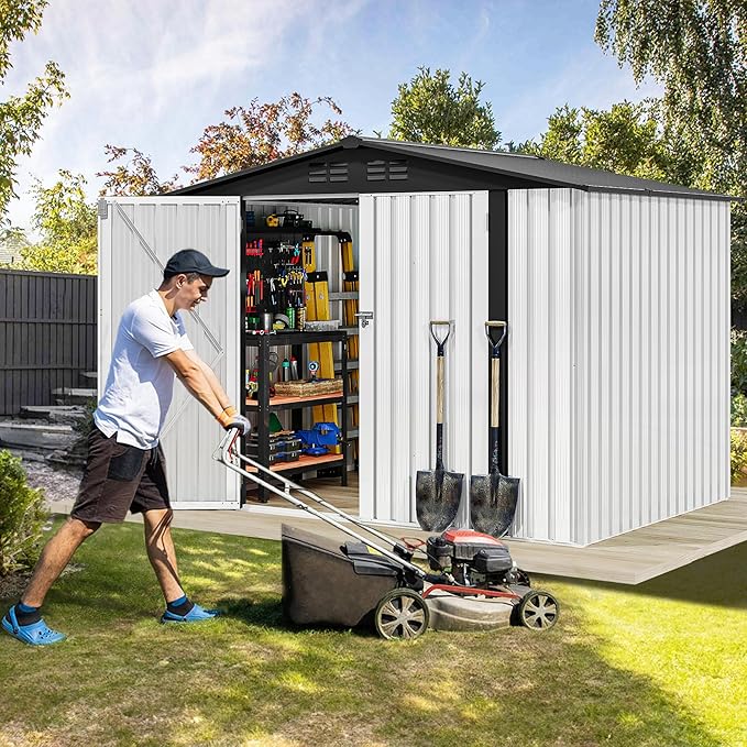 DWVO 7x5ft Metal Outdoor Storage Shed, Waterproof Tool Shed Heavy-Duty Storage Unit with Lockable Door and Vents, Ideal for Bicycles, Tools, Lawnmowers, Backyards, Patios, Lawns - White